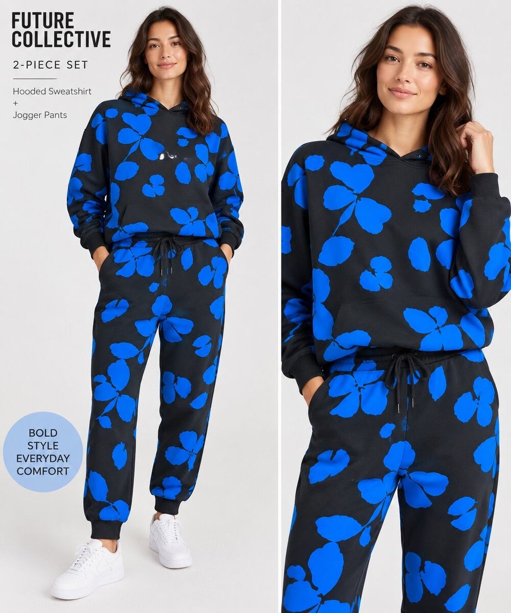 Future Collective XS 2 Piece Floral Hoodie Jogger Set Black Cobalt Blue